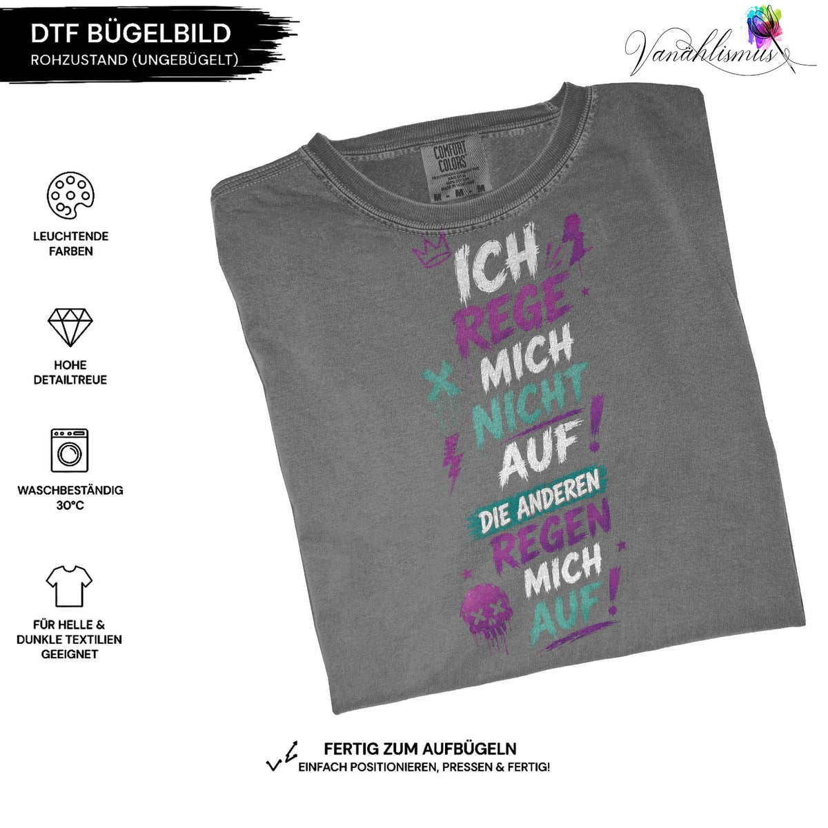 Bügelbild ich reg mich nicht auf Schrift bunt weiß