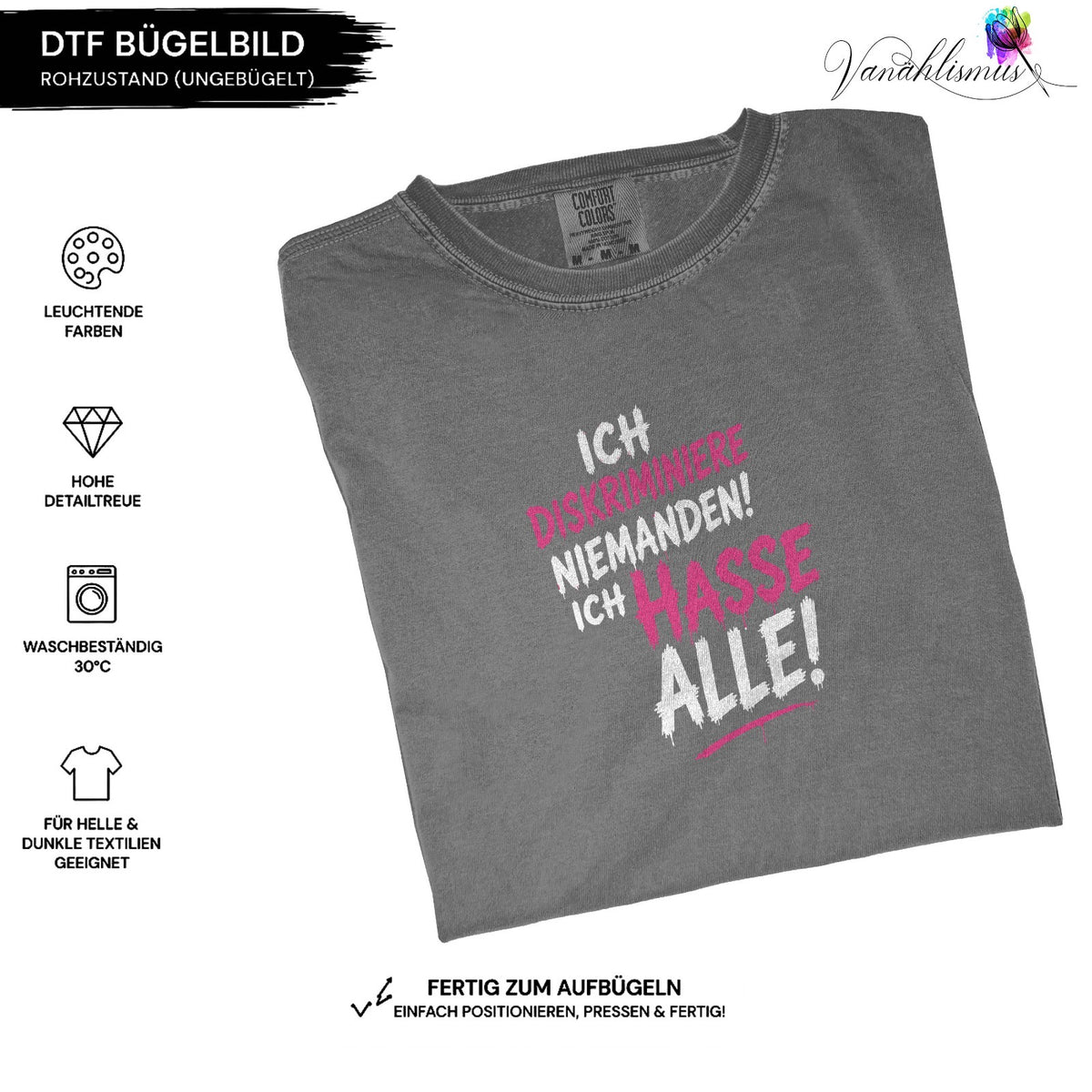 Bügelbild „ich hasse alle Schrift“ weiße Schrift