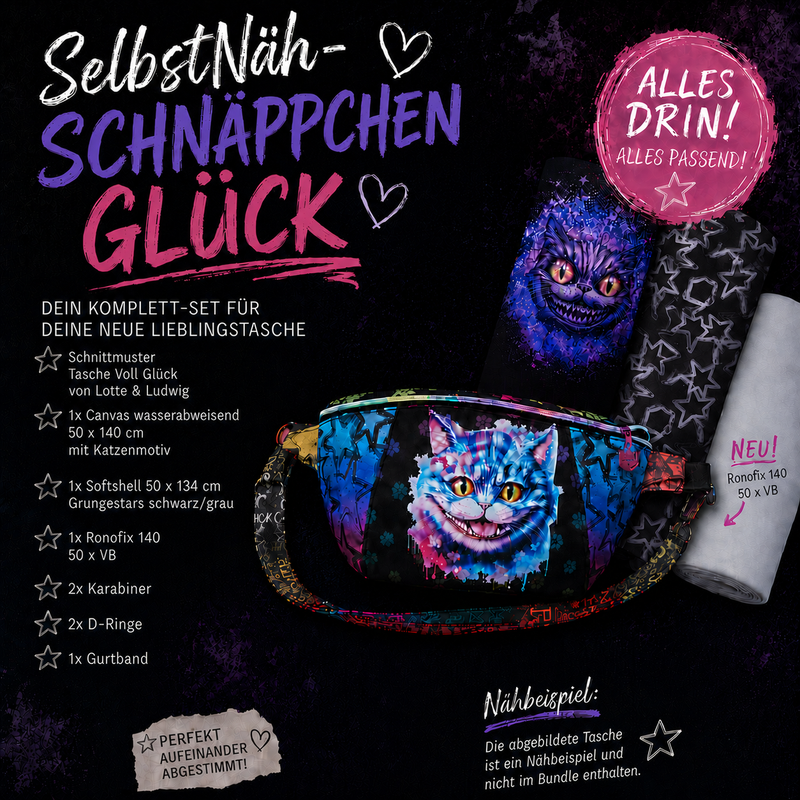 SelbstNäh-SchnäppchenGlück Tasche voll Glück Psychocat Grungestars schwarz grau