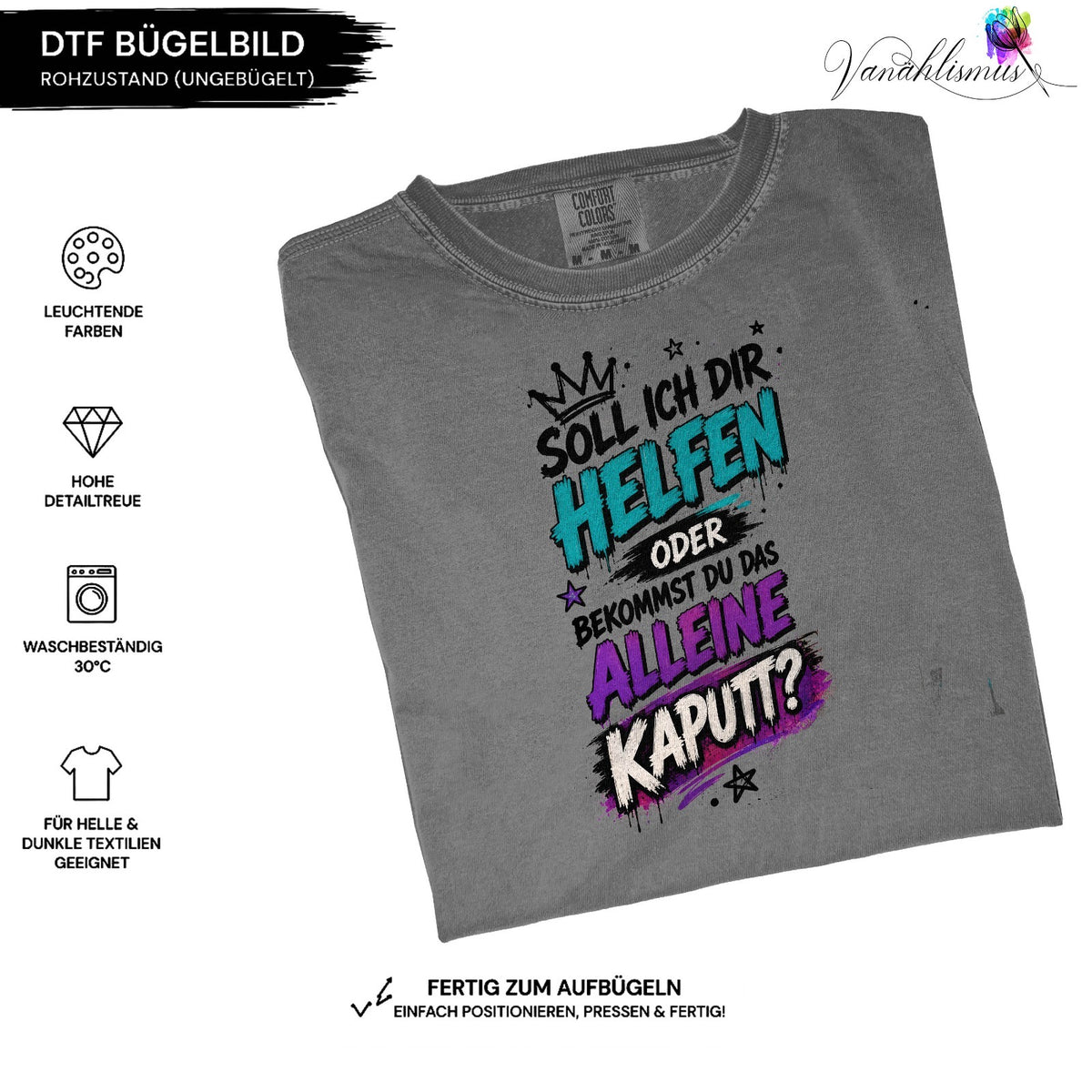 Bügelbild „kaputt Schrift“ Schwarze Schrift