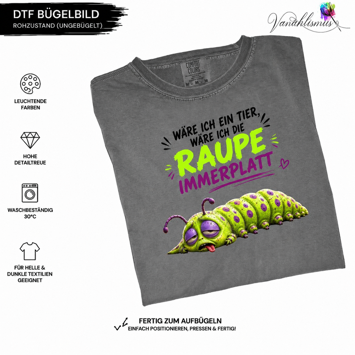 Bügelbild Raupe immerplatt schwarze Schrift