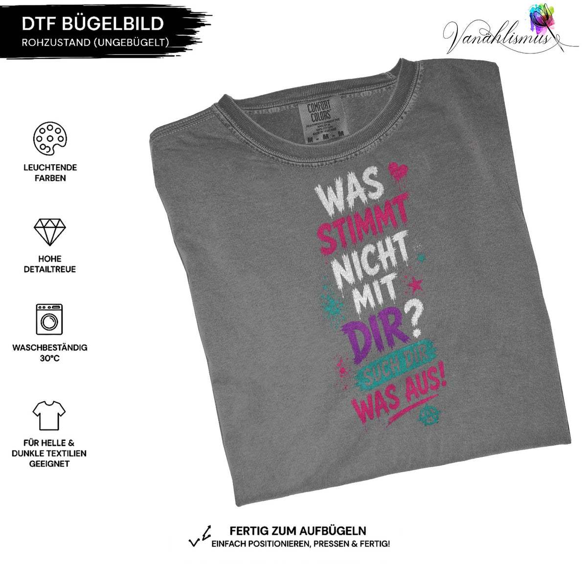 Bügelbild was stimmt nicht mit dir ? Schrift weiß bunt
