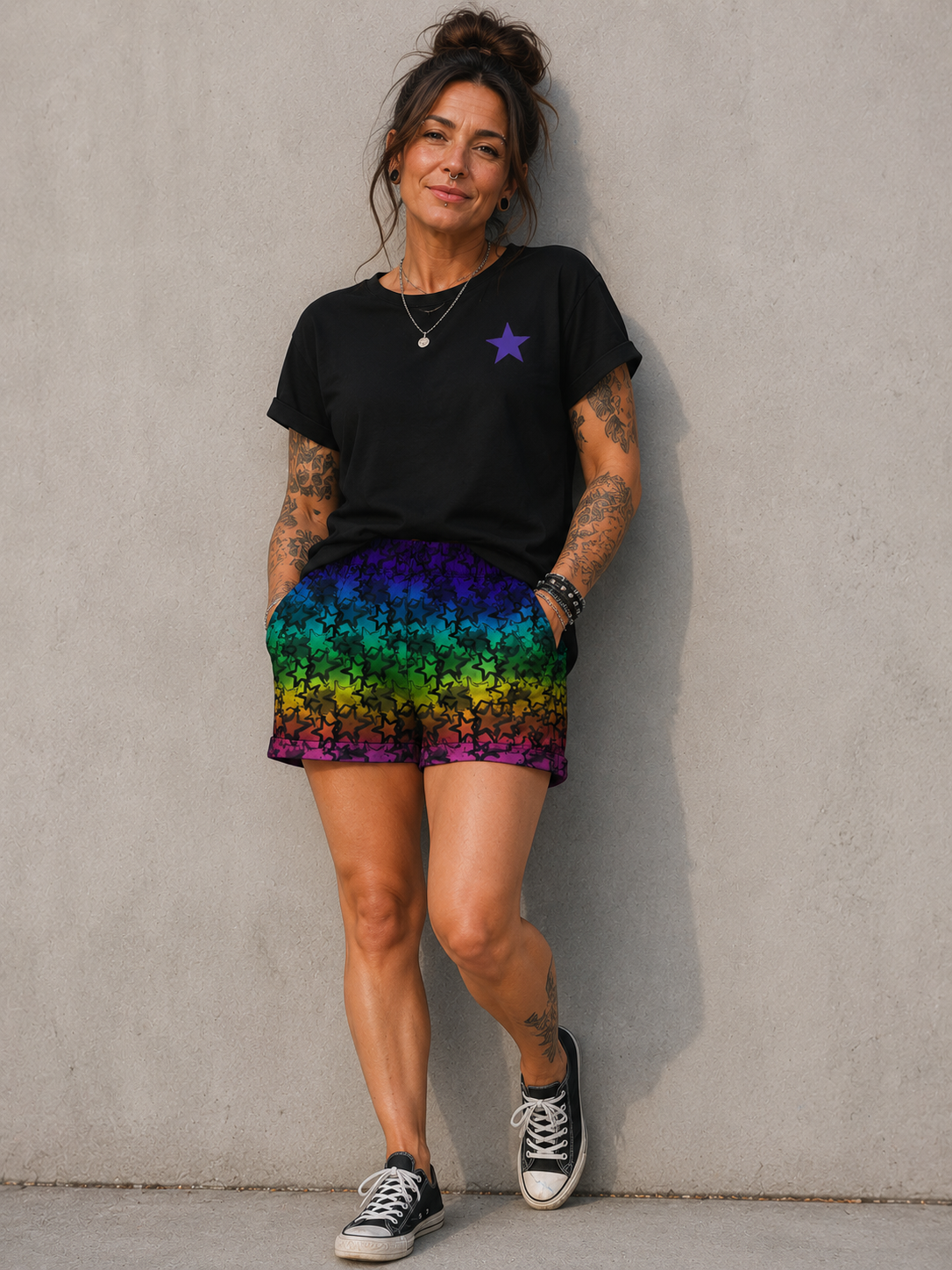 SelbstNäh-SchnäppchenGlück Damenshorts Summer Grungestars Rainbow Größe 32 bis 54