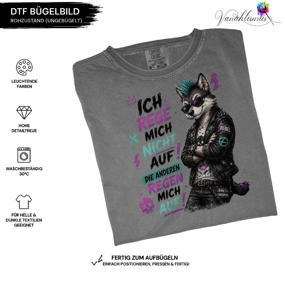 Bügelbild ich reg mich nicht auf bunt schwarz