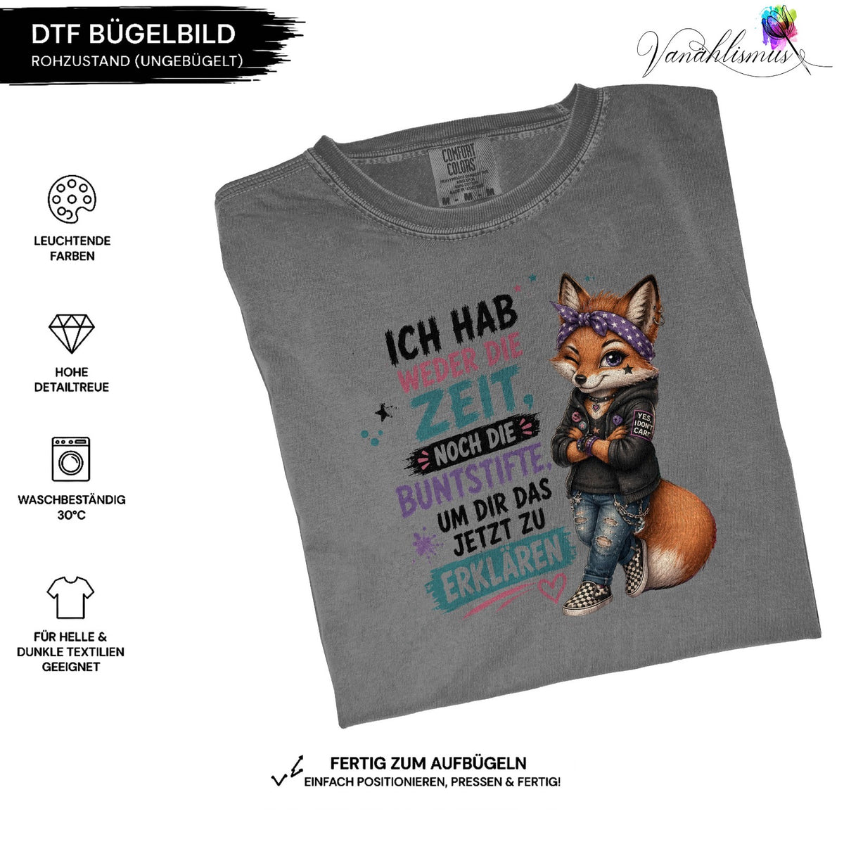 Bügelbild ich hab weder die Zeit noch die Buntstifte bunt schwarz