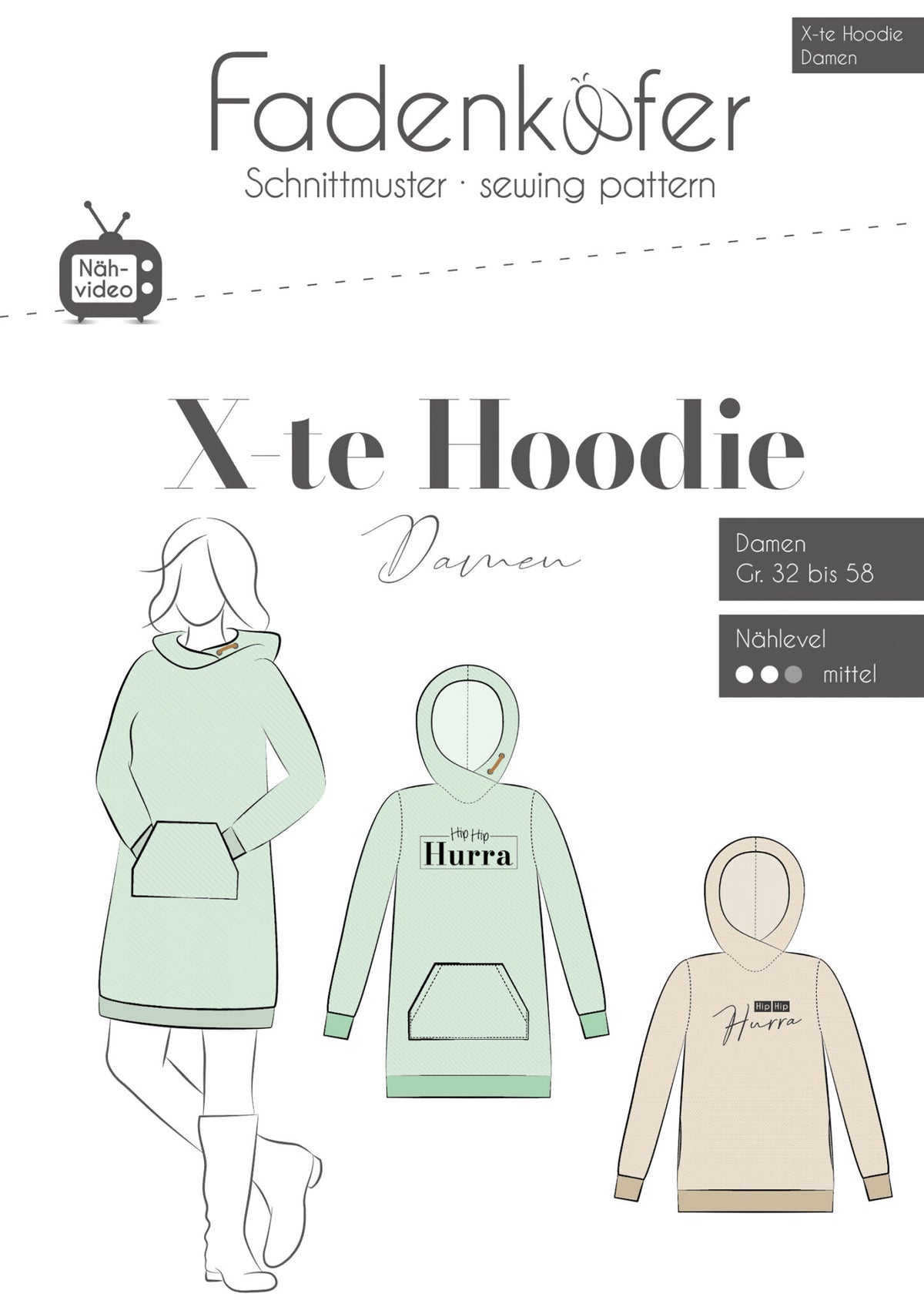 Papierschnittmuster X-te Hoodie Fadenkäfer 32 bis 58