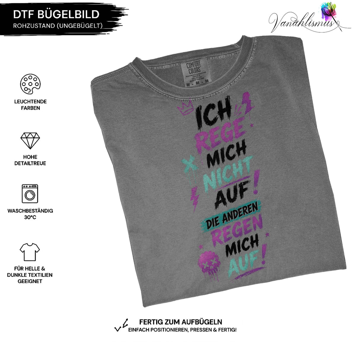 Bügelbild ich reg mich nicht auf Schrift bunt schwarz