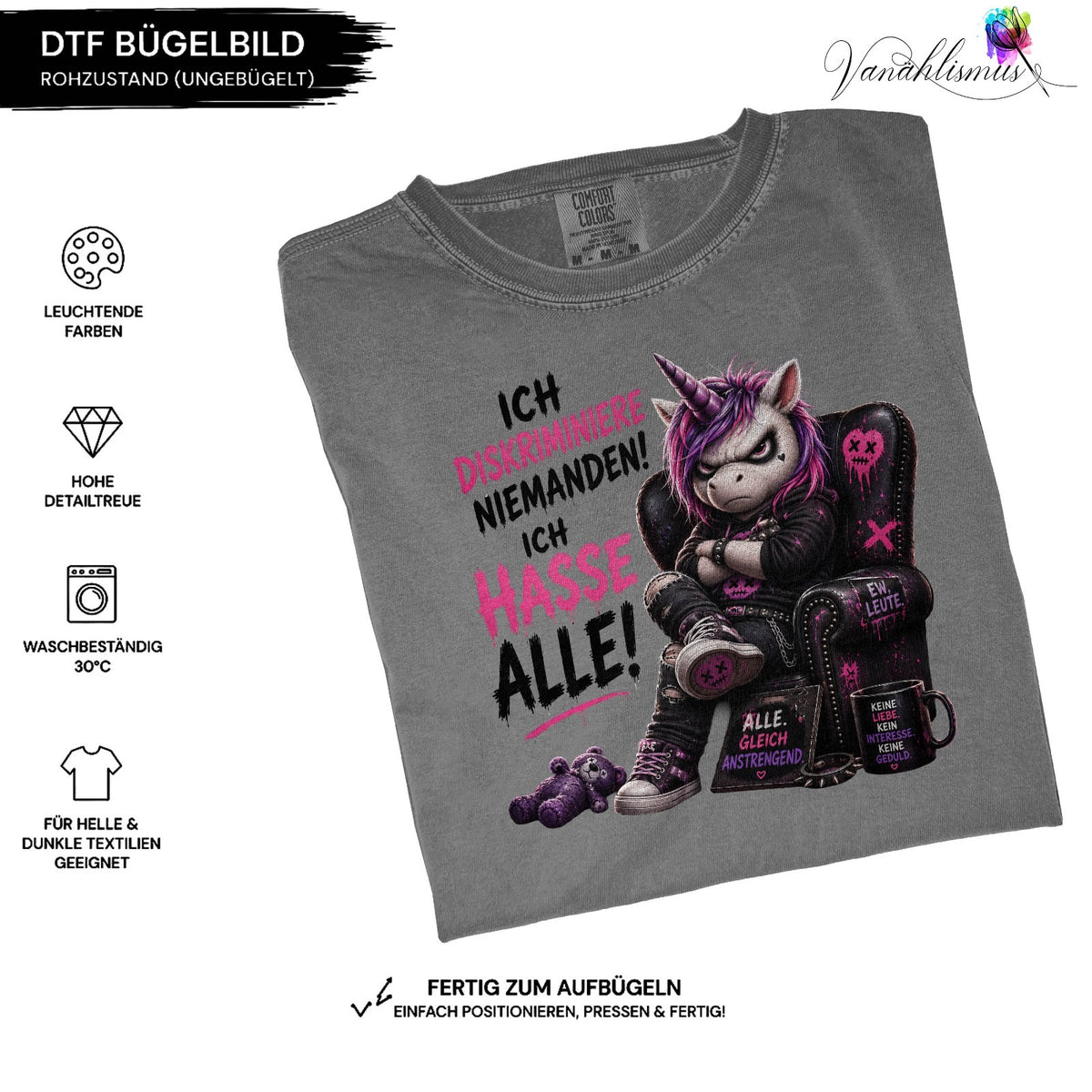 Bügelbild „ich hasse alle “ schwarze Schrift