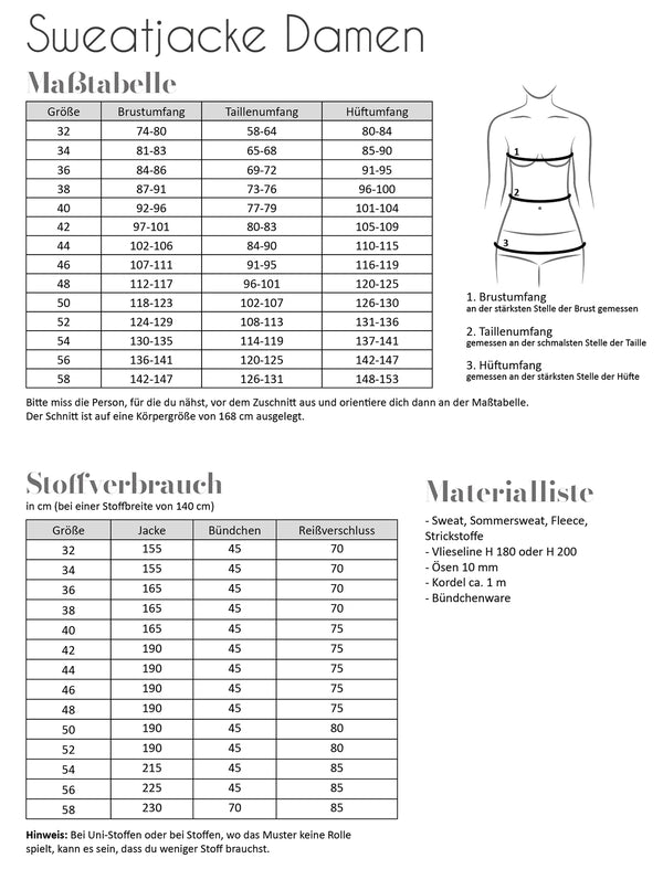 Papierschnittmuster Sweatjacke Damen Fadenkäfer 32 bis 58 – zweites Bild