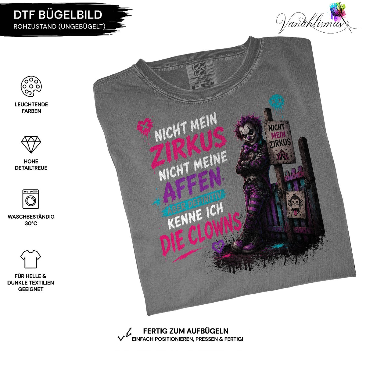 Bügelbild nicht mein Zirkus weiß bunt