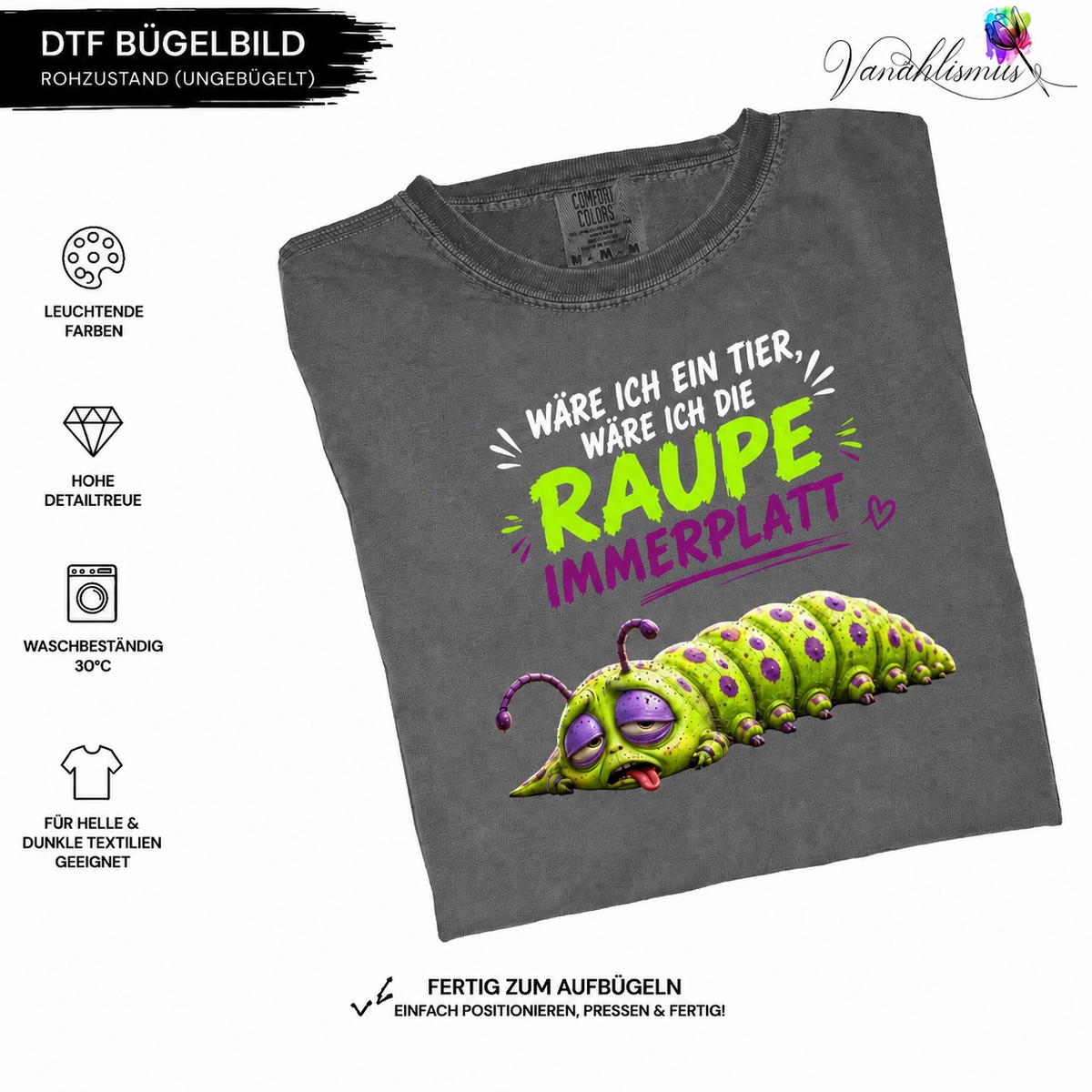 Bügelbild Raupe immerplatt weiße Schrift