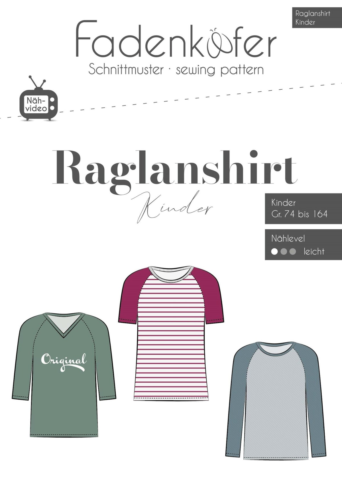 Papierschnittmuster Raglanshirt Kinder Fadenkäfer 74 bis 164