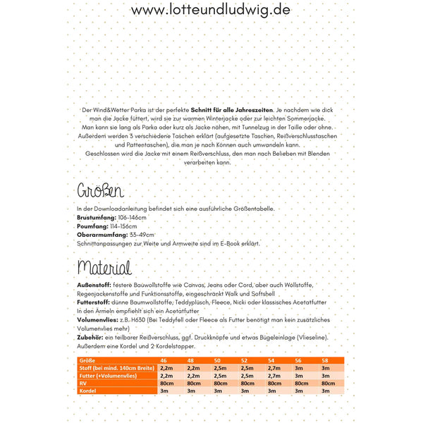 Papierschnittmuster Wind und Wetter Parka 46 bis 58 Lotte und Ludwig – zweites Bild