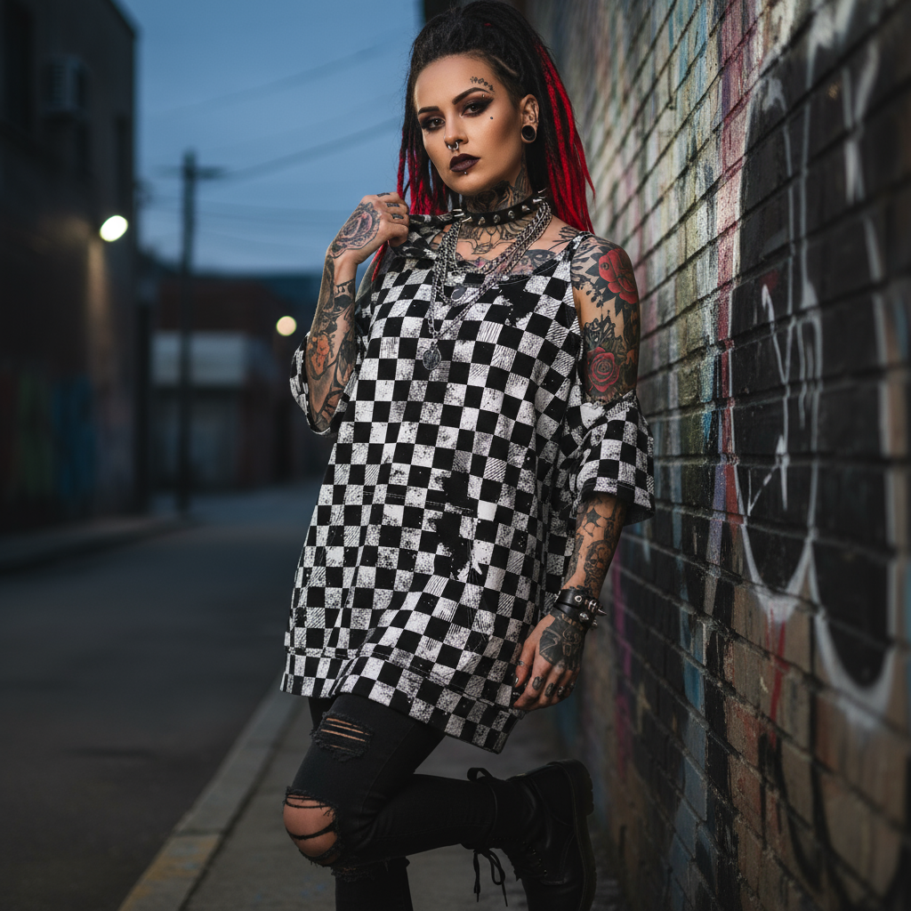 0,5m Grunge Schachbrett schwarz weiß French Terry